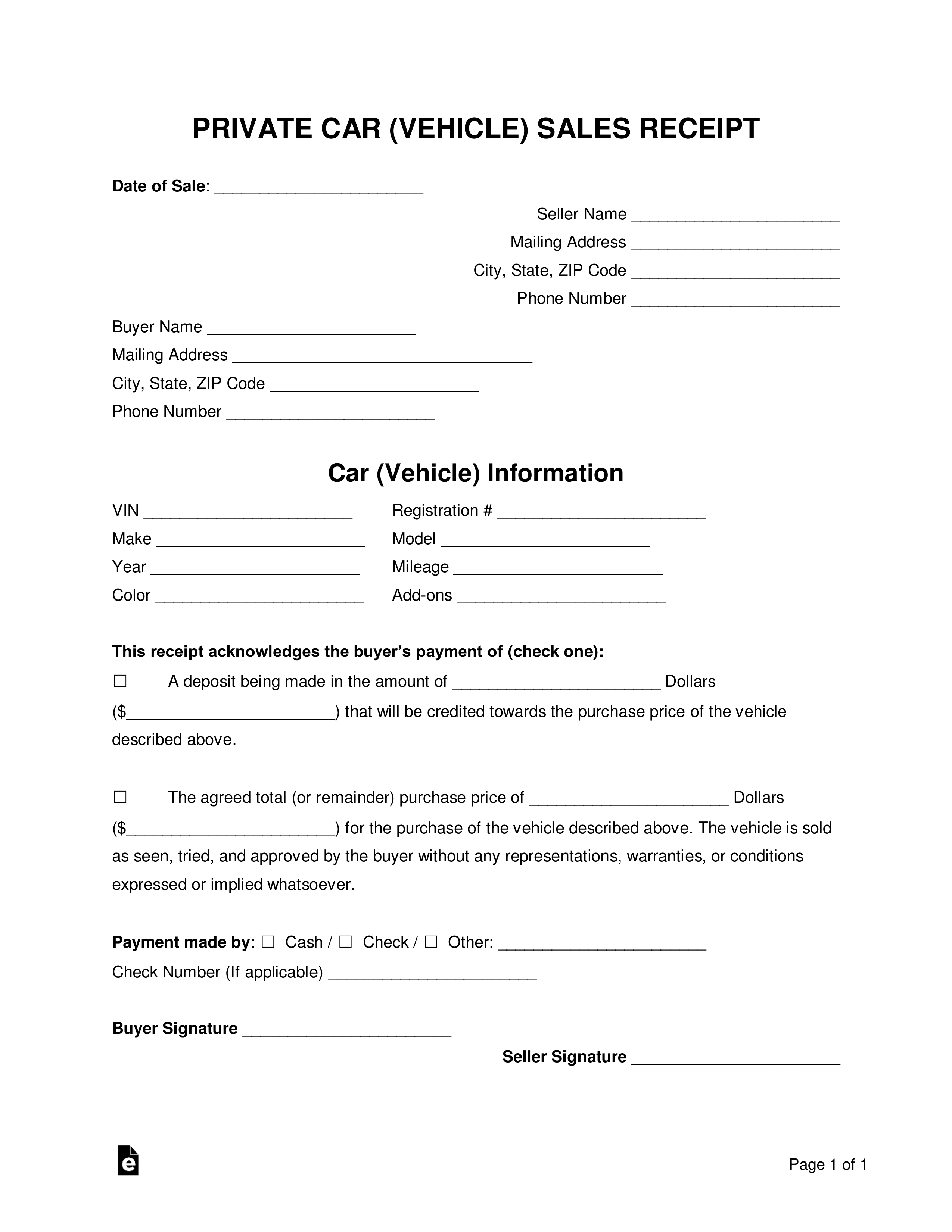 Free Car Sale Receipt Template