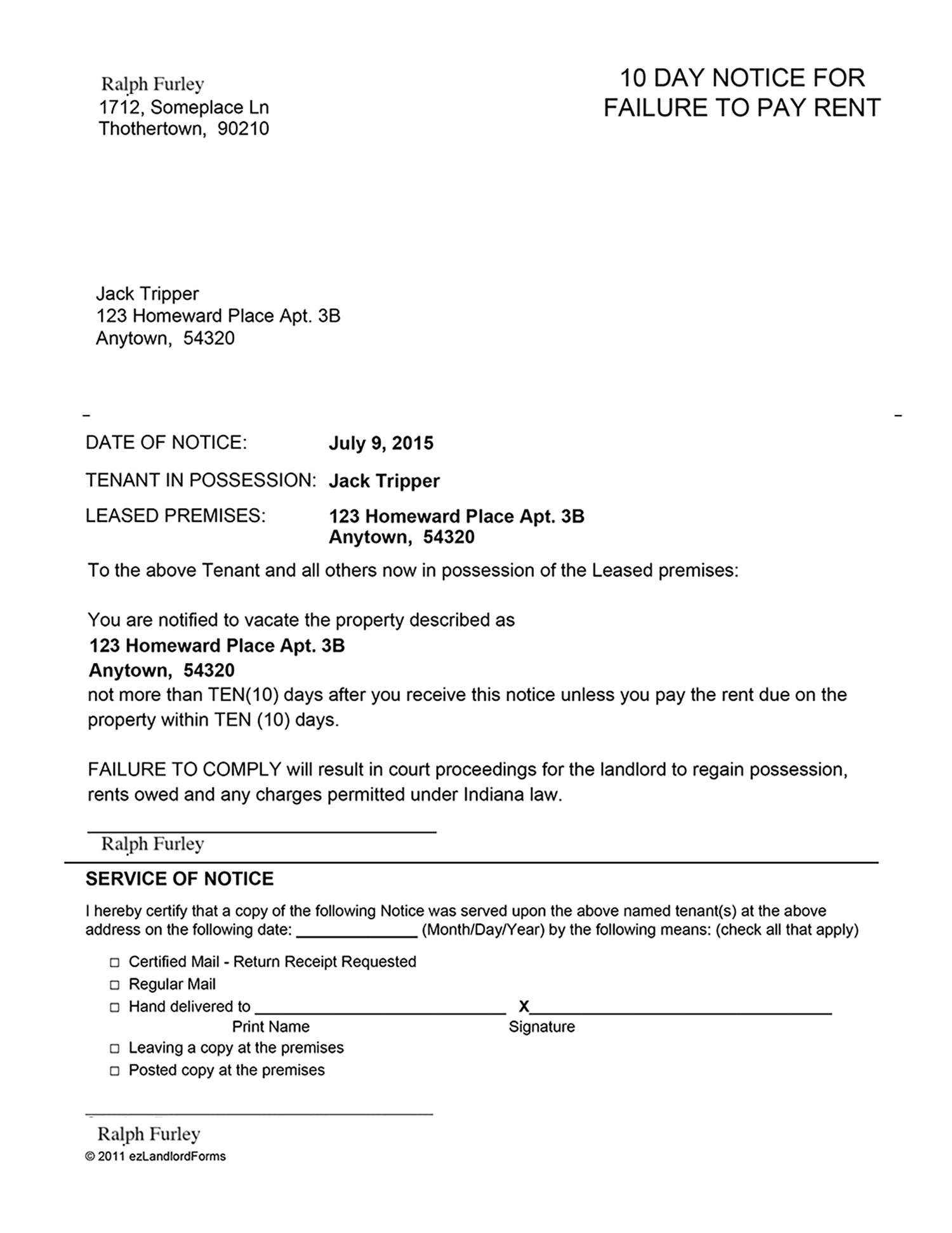indiana 10 day notice for failure to pay rent ezlandlordforms past due invoice sample legal action 10 days sample