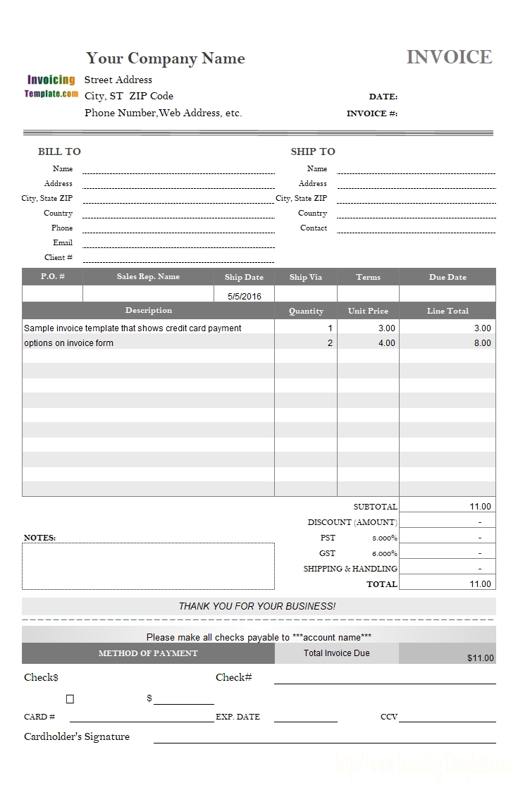 Sample Invoice With Credit Card Fee
