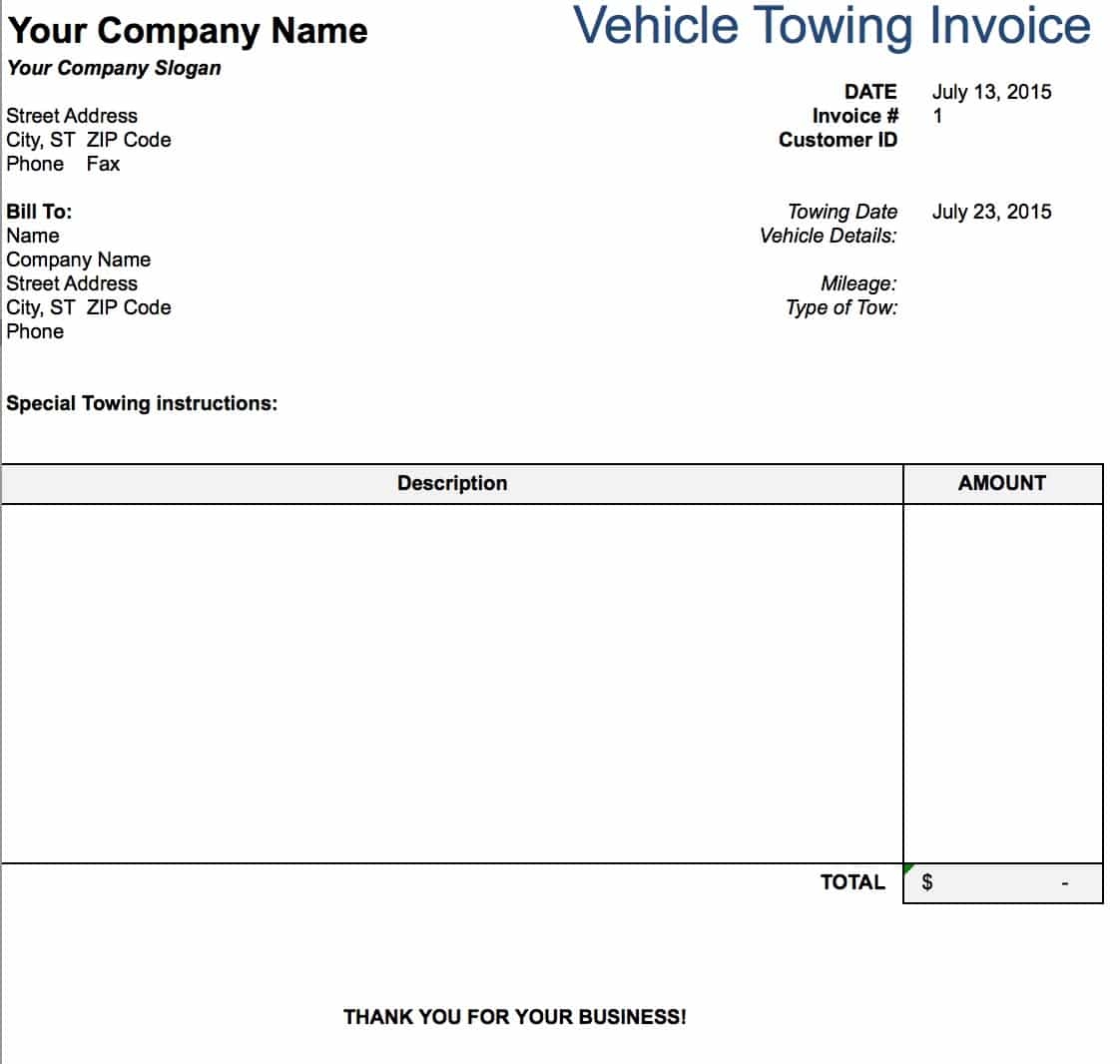 invoice templates for excel sample invoice towing company