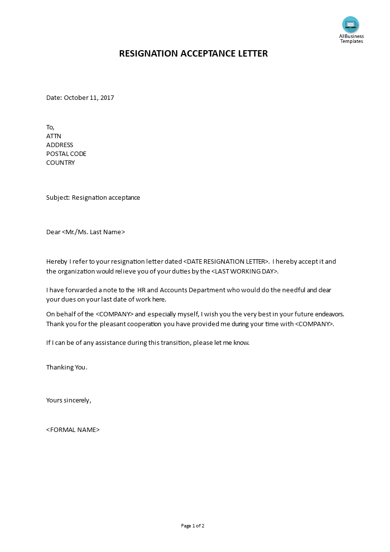 sample resignation acceptance letter templates at letter of resignation example