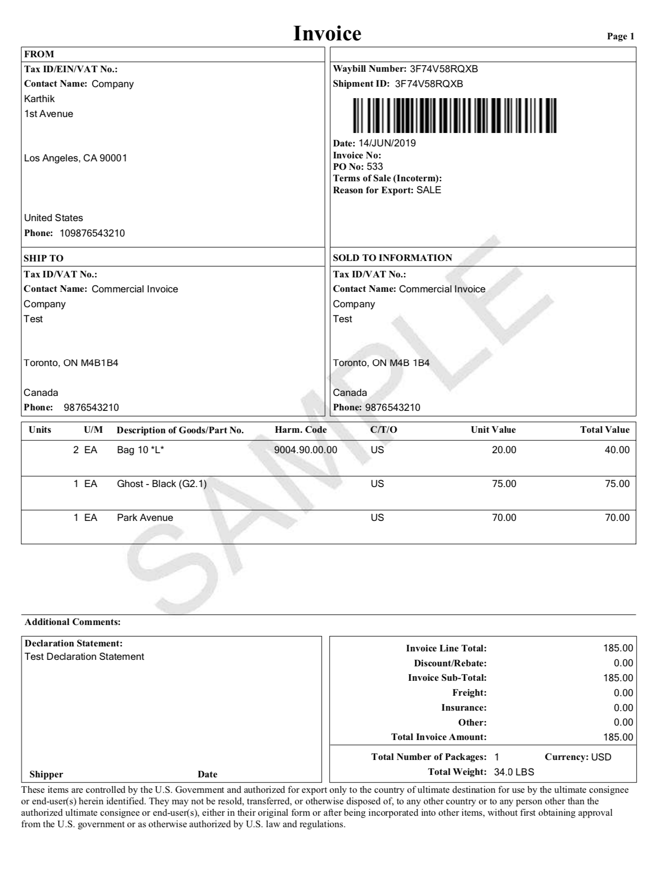 commercial invoice ups template