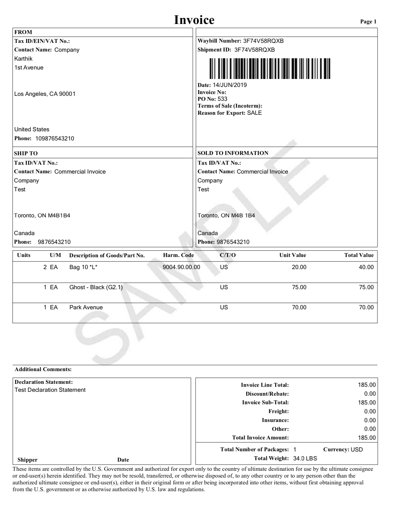 ups blank commercial invoice