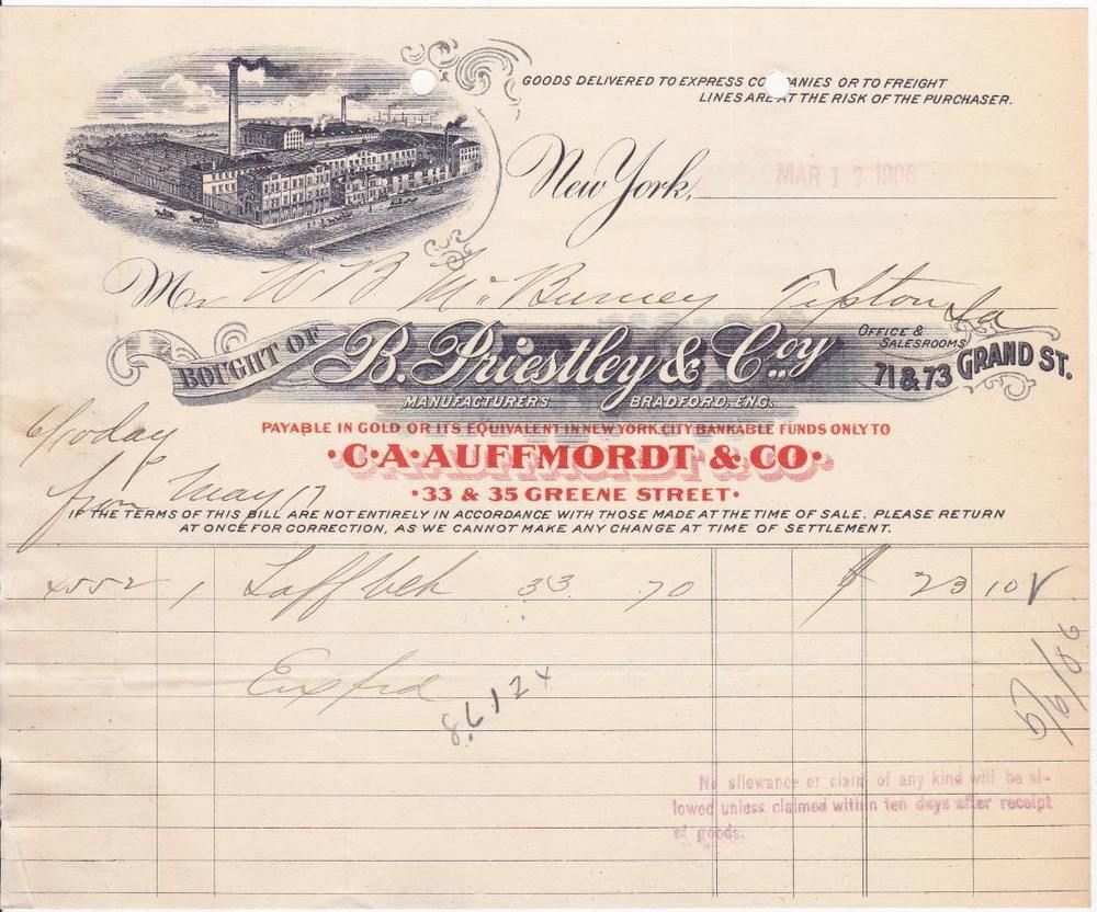 1906 invoice b priestly co manufacturers bradford tents manufactures invoices pic
