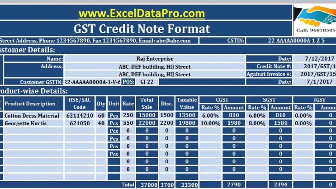 download gst credit note format in excel issued against sales tax invoice for unregistered person pakistan 20192020