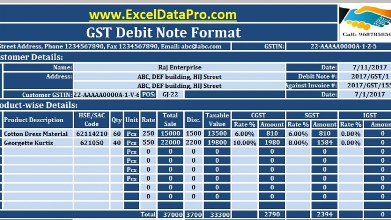 download gst debit note format in excel under gst 2017 gst debit note format