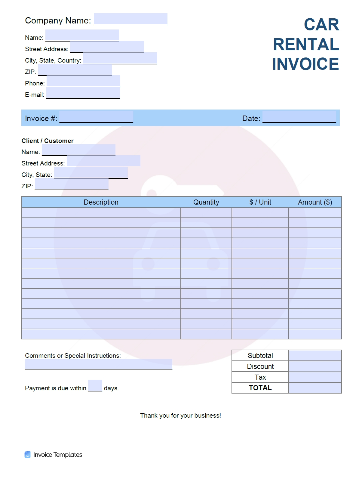 free car rental invoice template pdf word excel car rental invoice temple