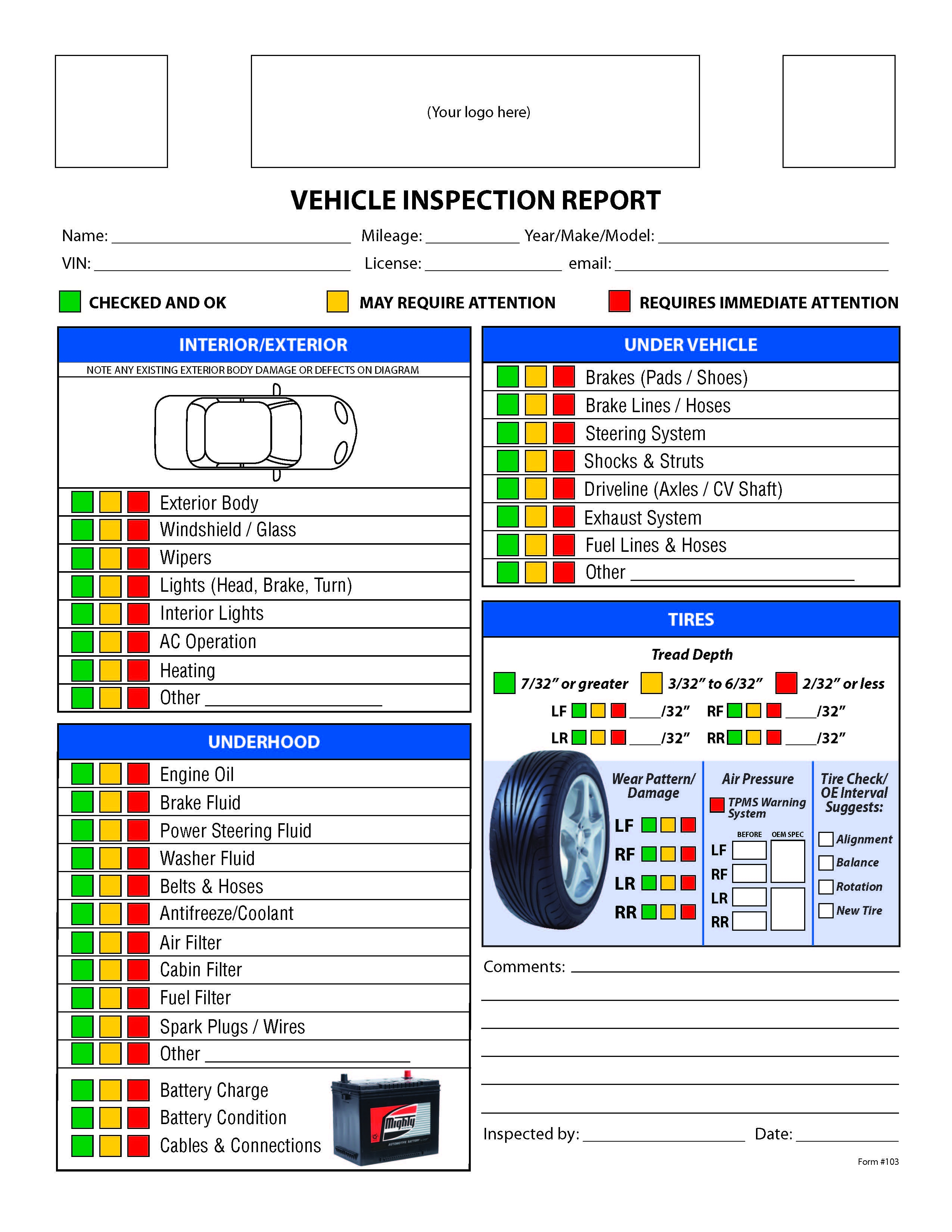 free vehicle inspection checklist form vehicle inspection mechanic checklist template ideas