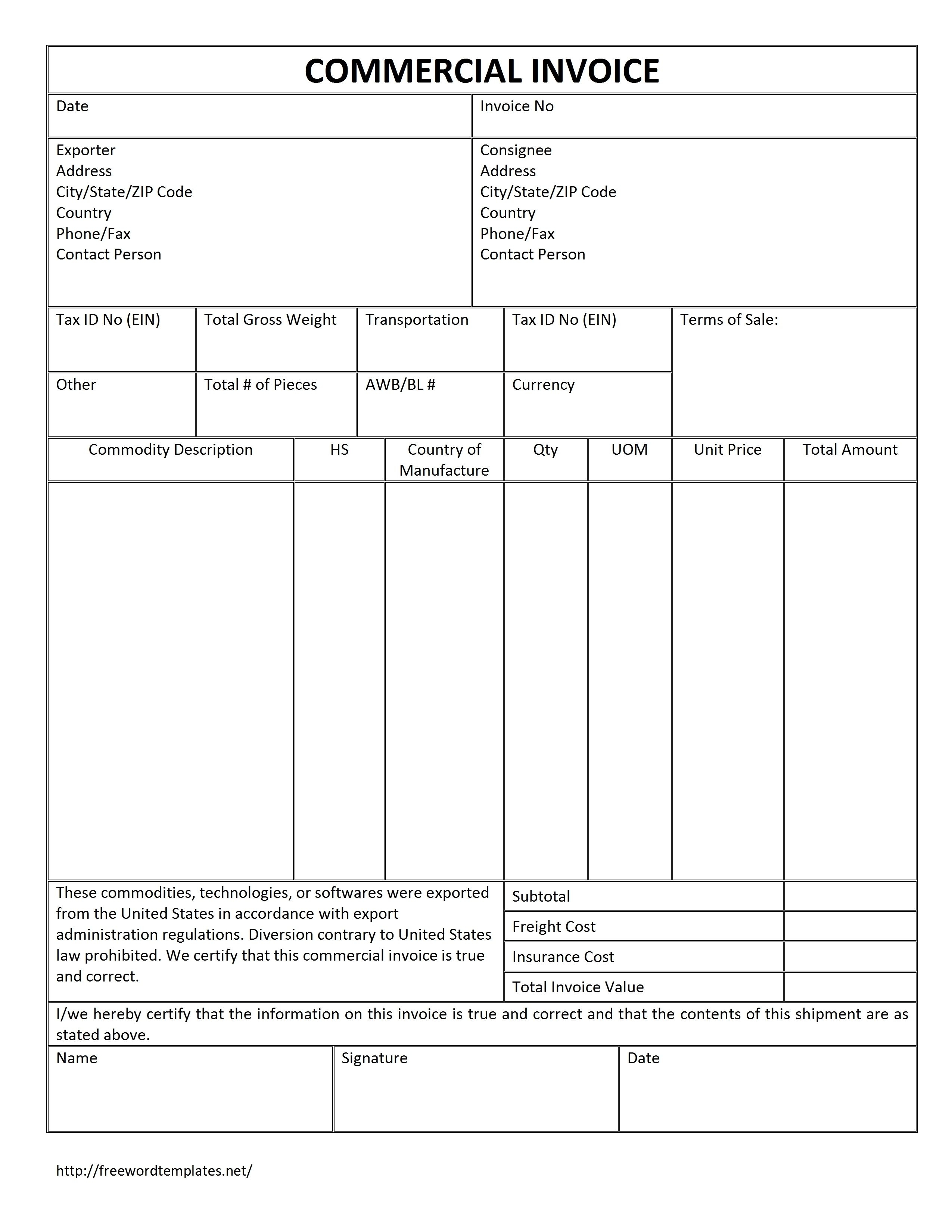 Commercial Invoice For Export Sample