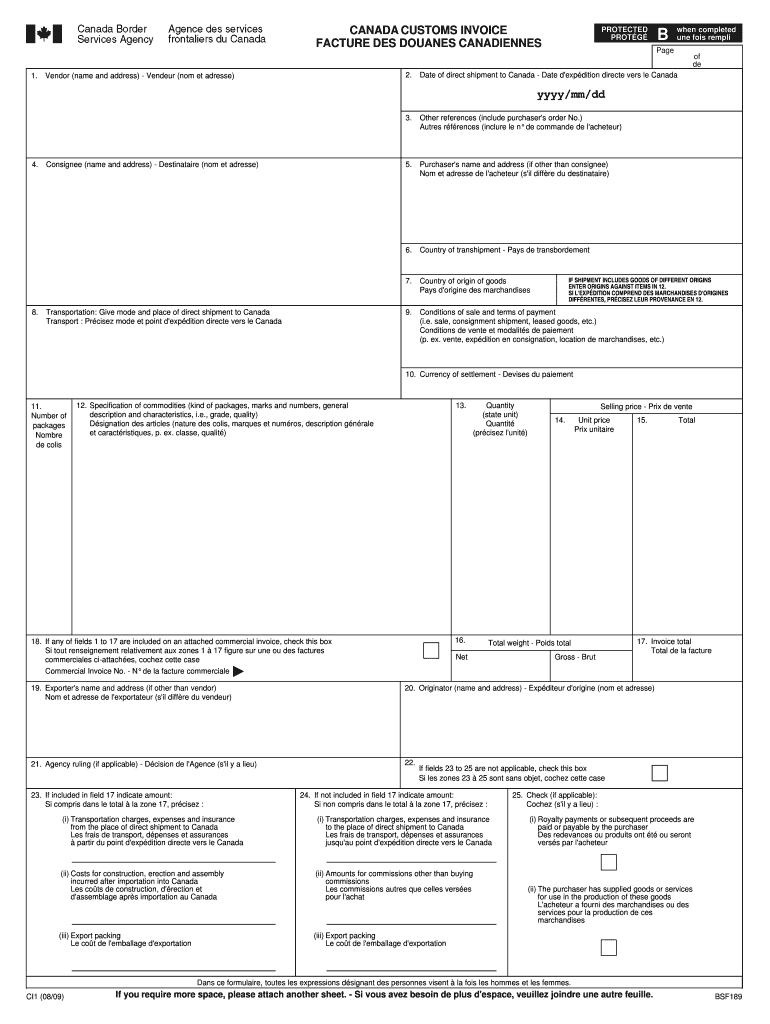 2009 2020 form canada ci1 fill online printable fillable canada customs invoice excel