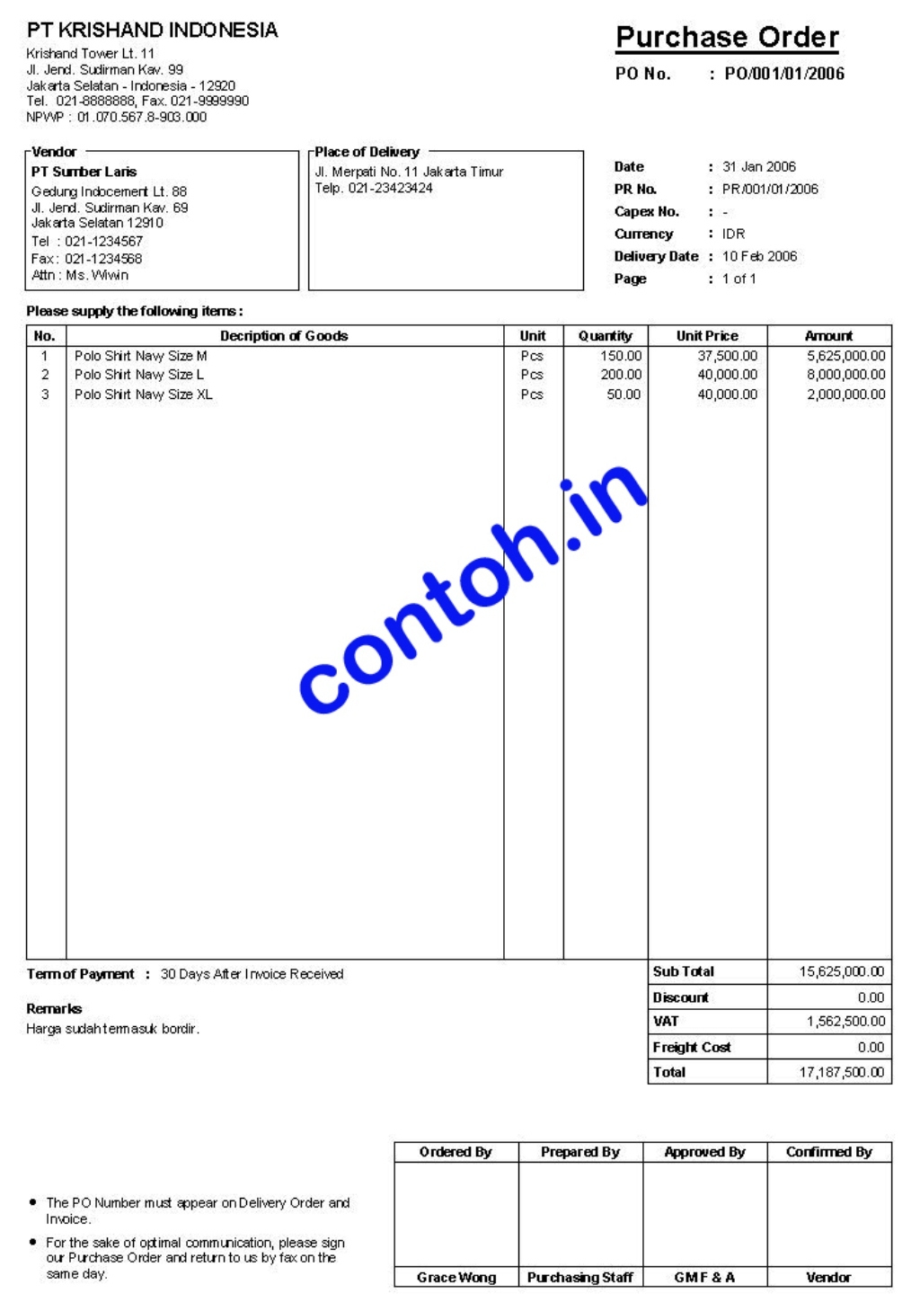 contoh contoh formulir purchase order po contoh delivery note bahasa indo