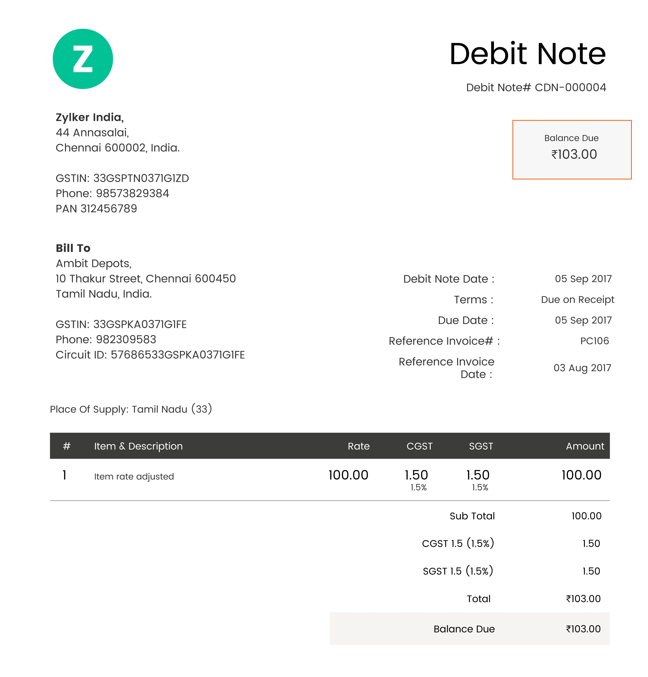 Debit Note Bill Format