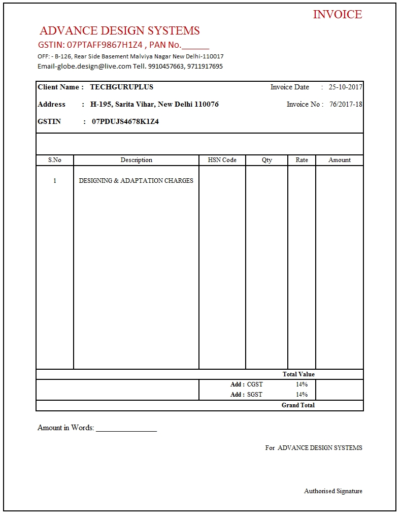Invoice Format With Gst
