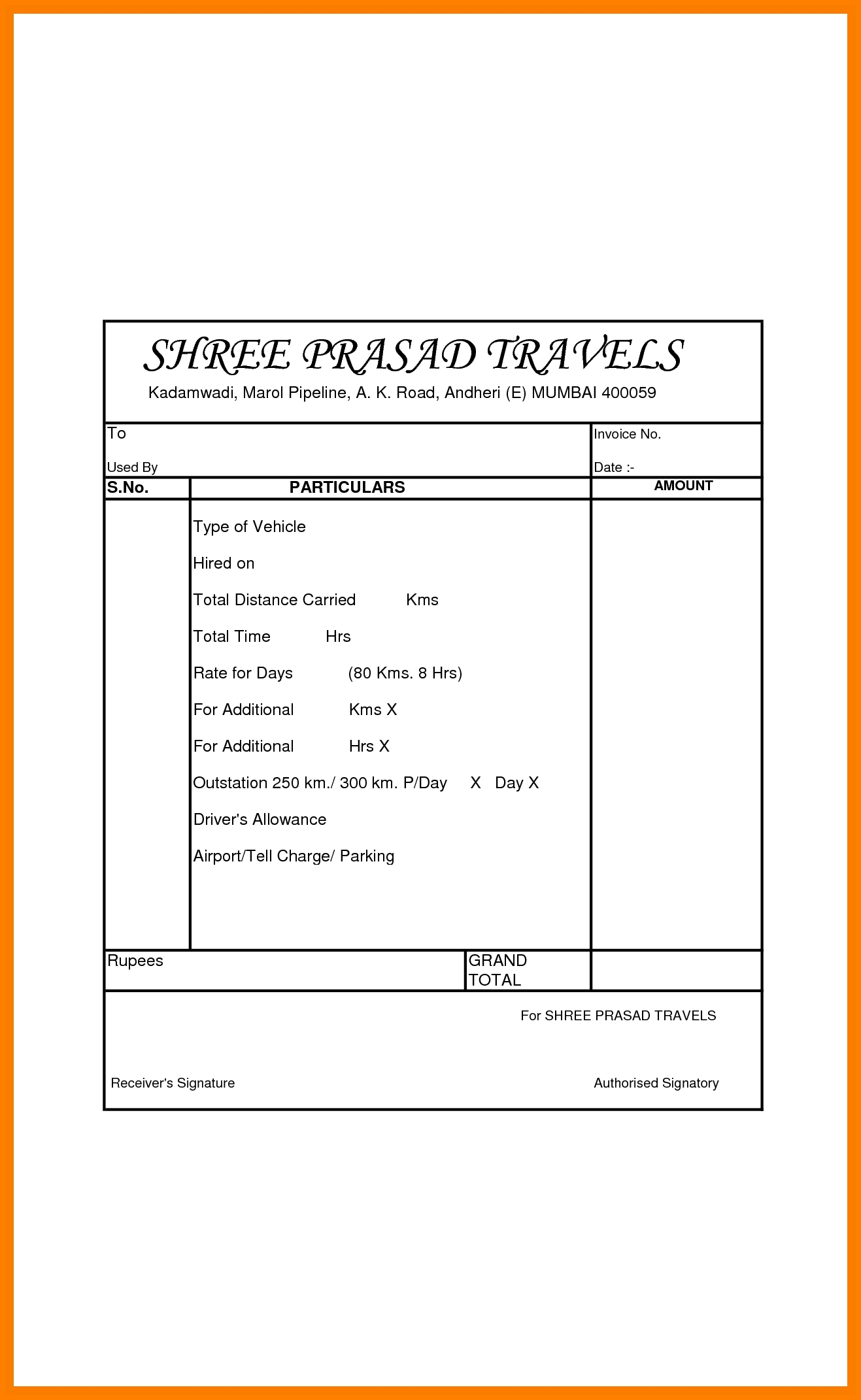 Tours And Travels Bill Format