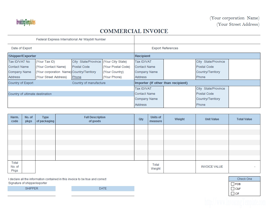 commercial invoice fedex style landscape proforma of commercial invoice