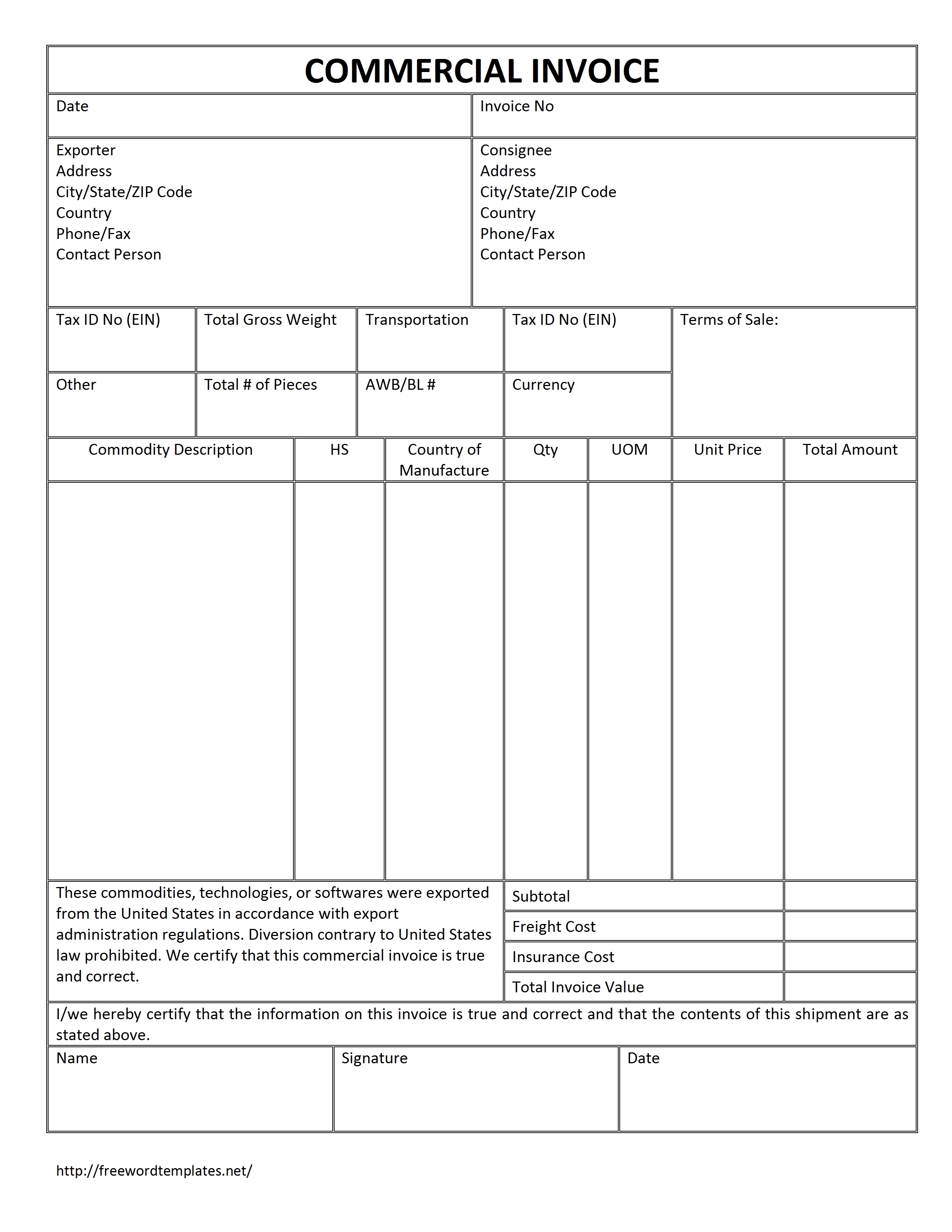 commercial invoice template standard commercial invoice form
