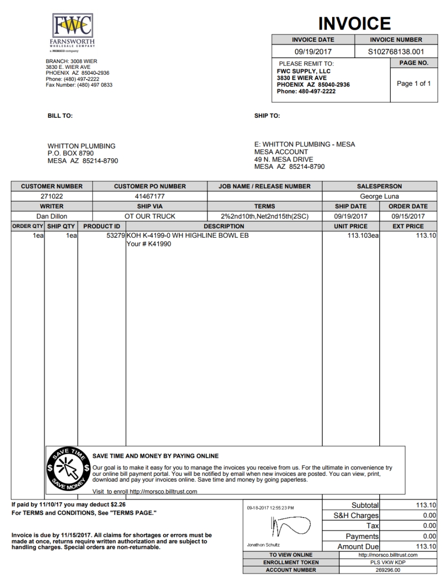 farnsworth wholesale plumbing and hvac product solutions invoice of pipe cutting