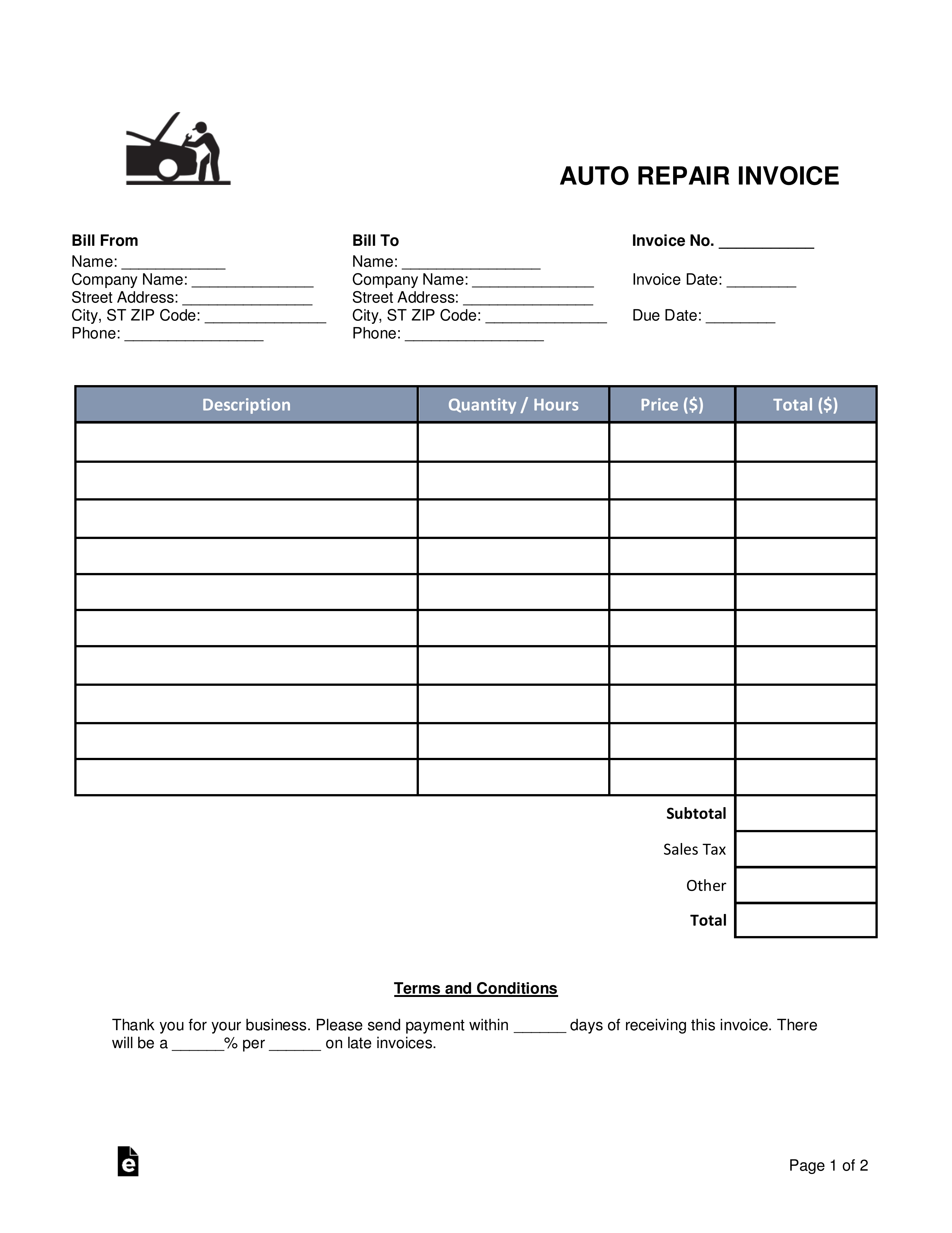 free auto body mechanic invoice template word pdf invoice templates for mechanic