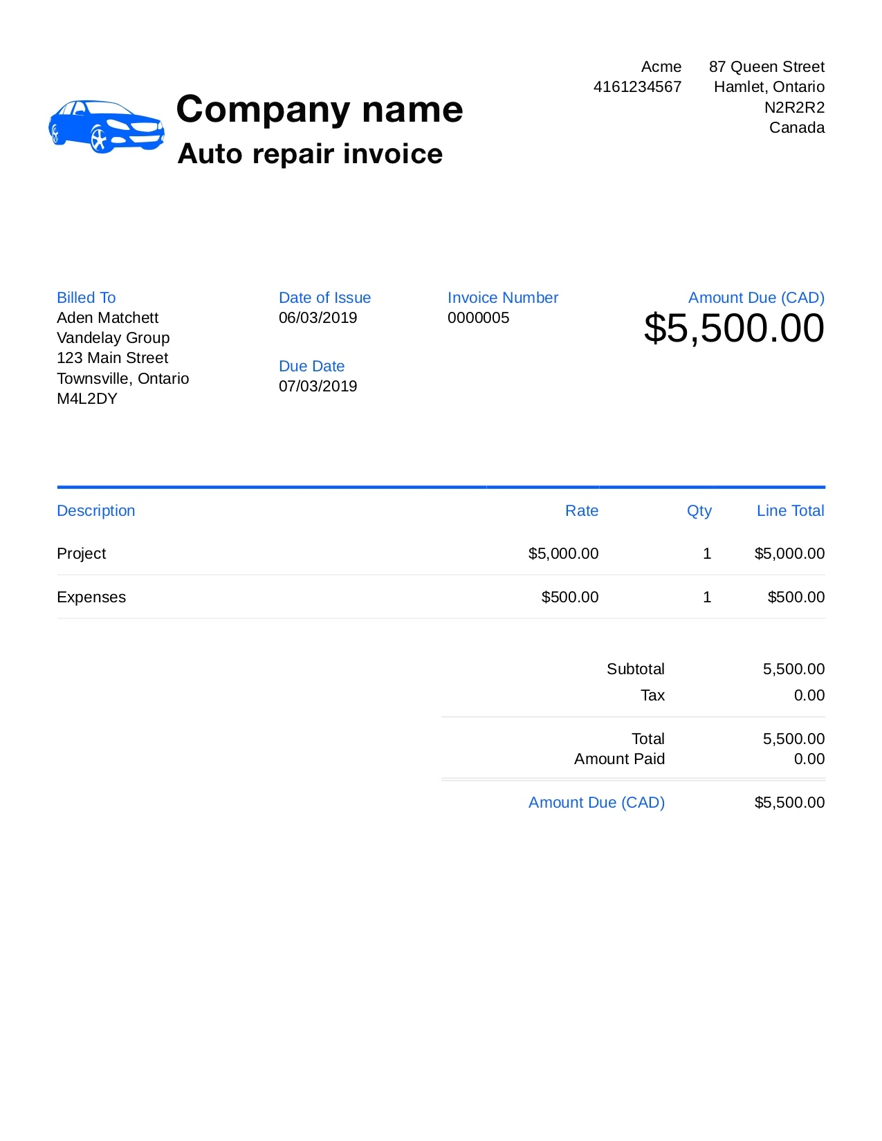 Invoice Templates For Mechanic