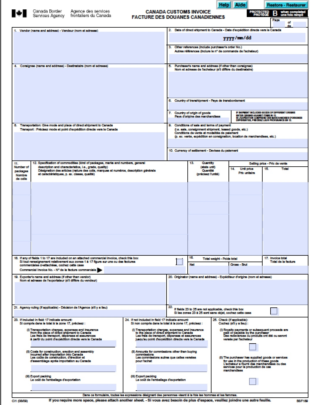 free canada customs commercial invoice template form ci1 canada customs invoice template blank