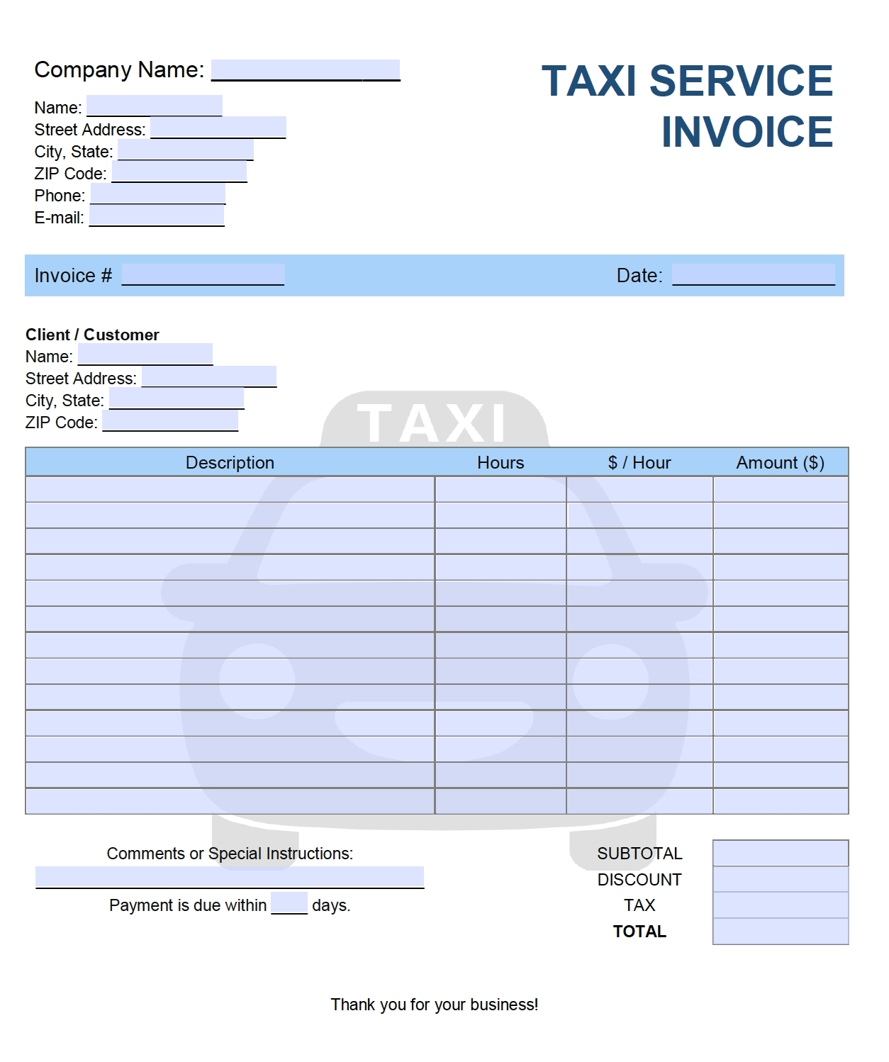 free taxi service invoice template pdf word excel bill invoice for taxi