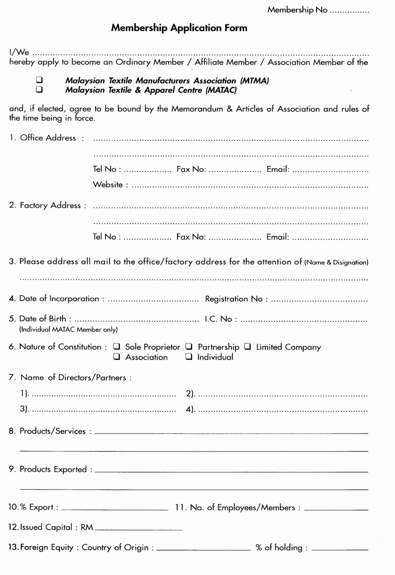 Association Membership Form Template