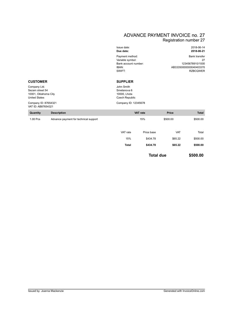 template of the advance invoice fakturaonliners advance paynent invoice templete