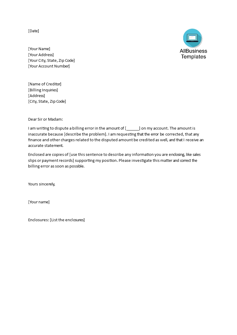 tlcharger gratuit sample letter for disputing incorrect billing invoice dispute letter template