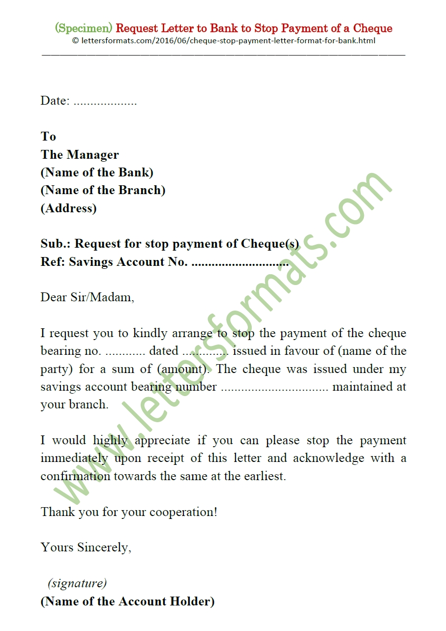 cheque stop payment letter format for bank sampletemplate stop payment request letter samples